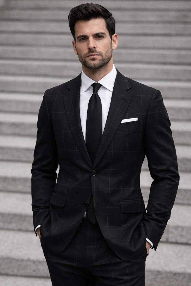 Men's Designer Two Piece Modern Fit Wool Suit in Black Windowpane Plaid