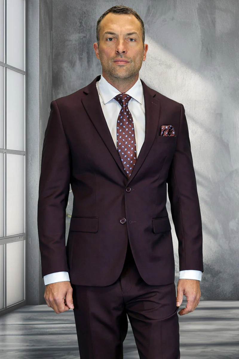 Men's Designer Two Piece Modern Fit Wool Suit in Burgundy