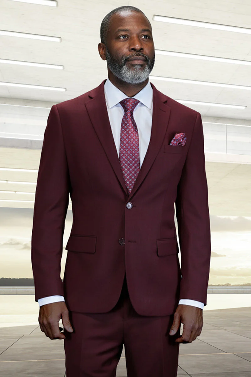 Men's Designer Two Piece Modern Fit Wool Suit in Burgundy Wine
