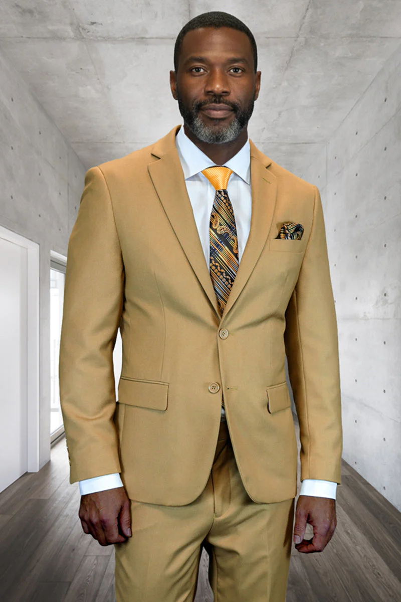 Men's Designer Two Piece Modern Fit Wool Suit in Camel