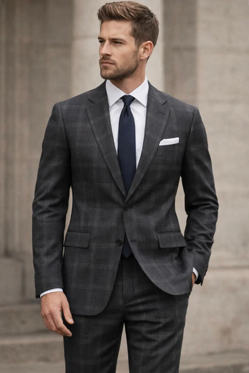 Men's Designer Two Piece Modern Fit Wool Suit in Charcoal Grey Windowpane Plaid
