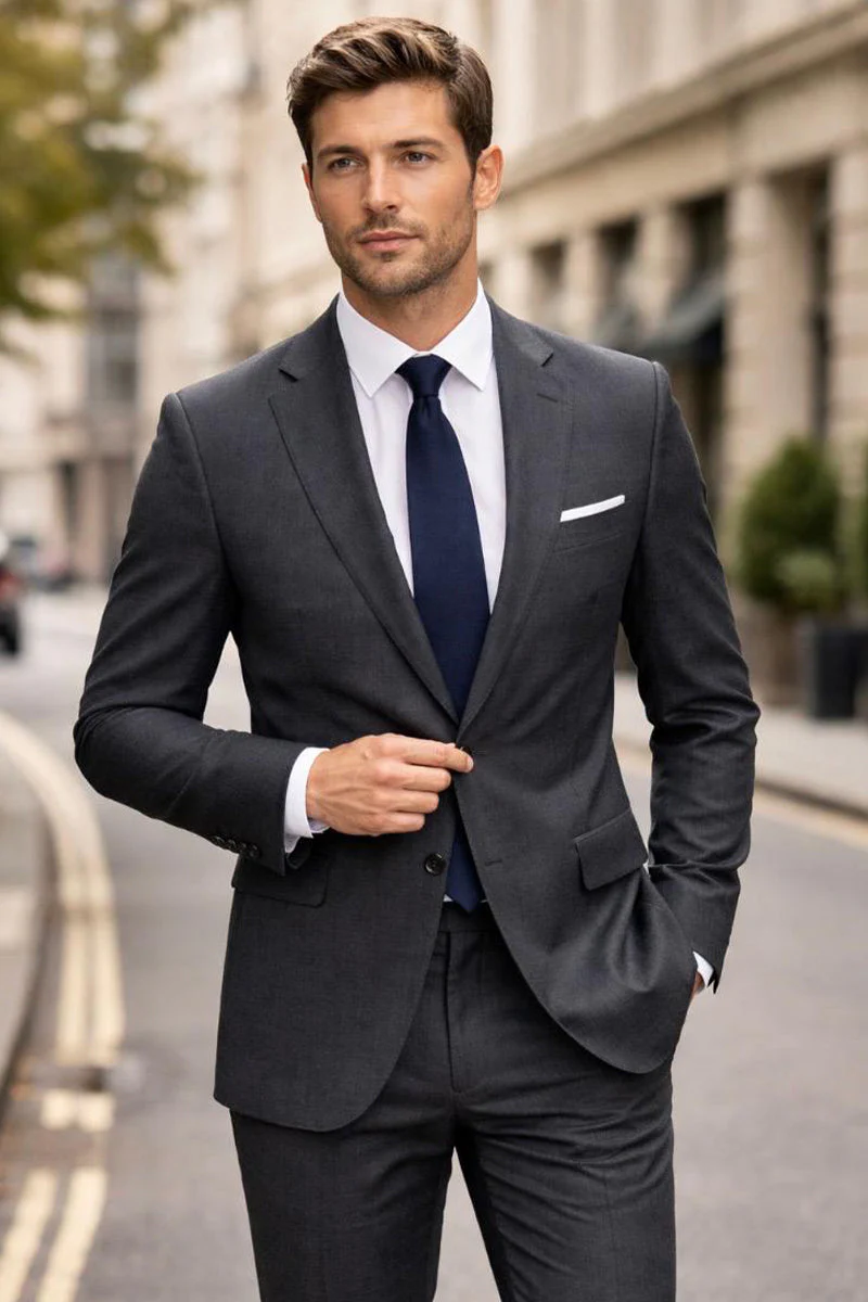 Men's Designer Two Piece Modern Fit Wool Suit in Dark Grey