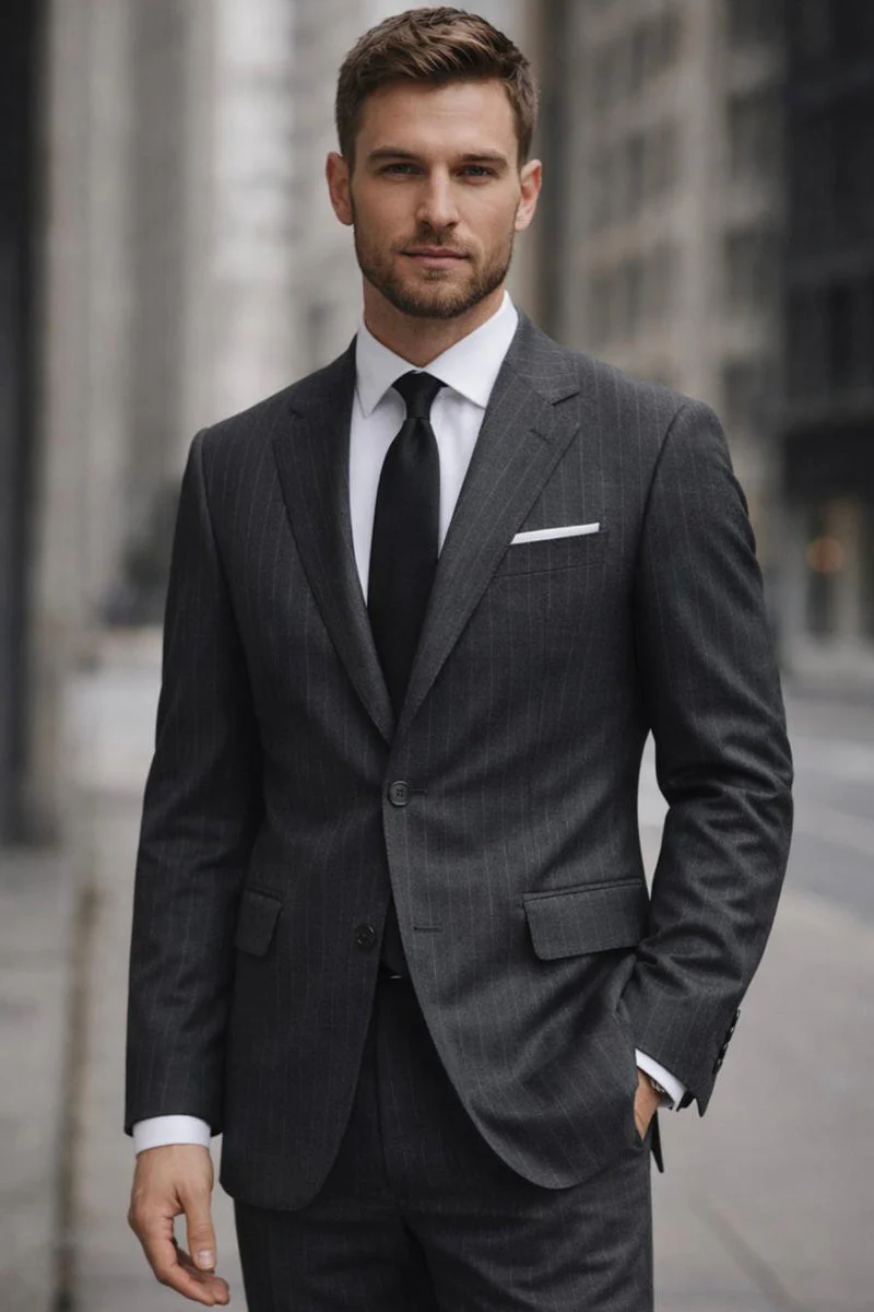 Men's Designer Two Piece Modern Fit Wool Suit in Grey Pinstripe