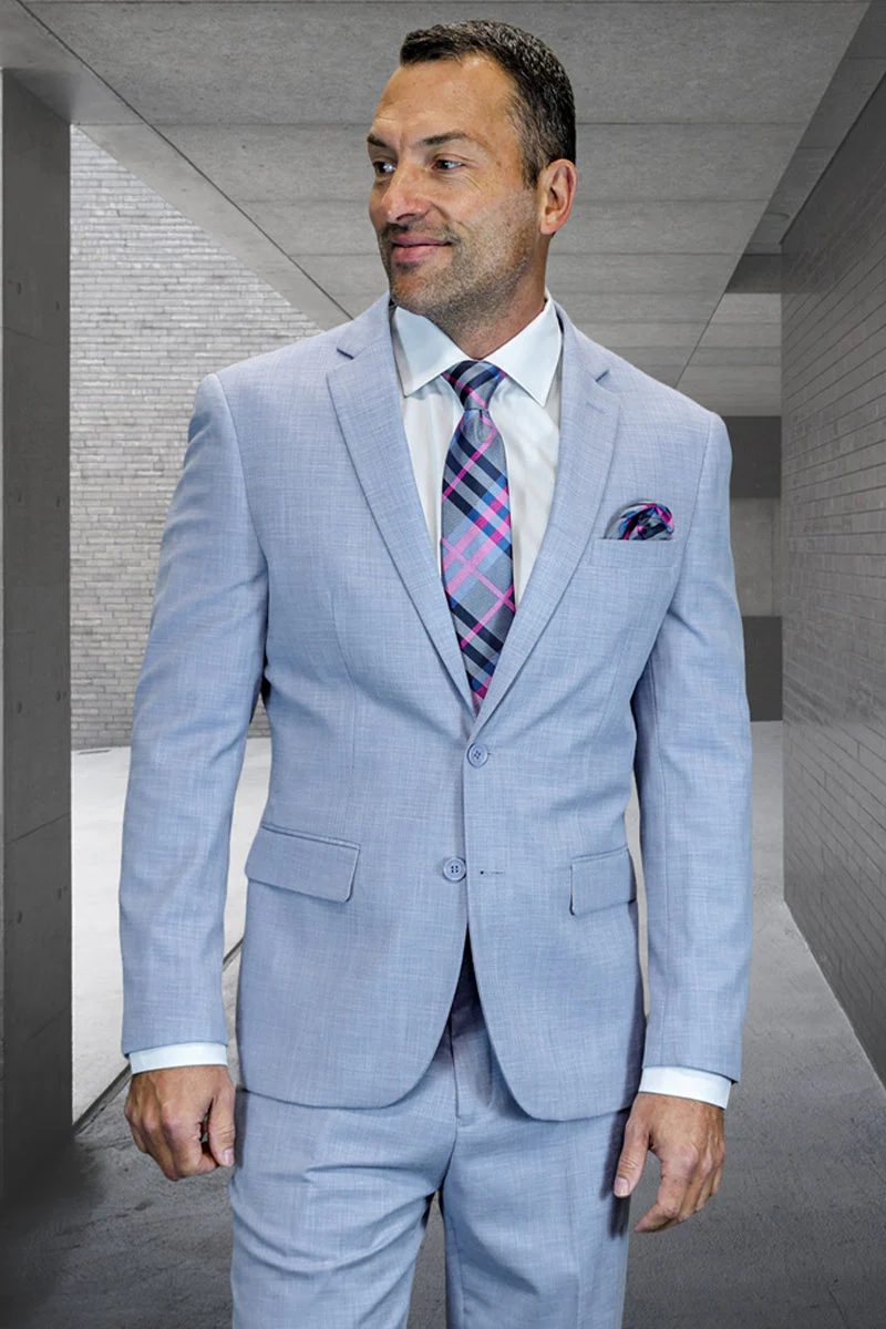 Men's Designer Two Piece Modern Fit Wool Suit in Light Blue Sharkskin
