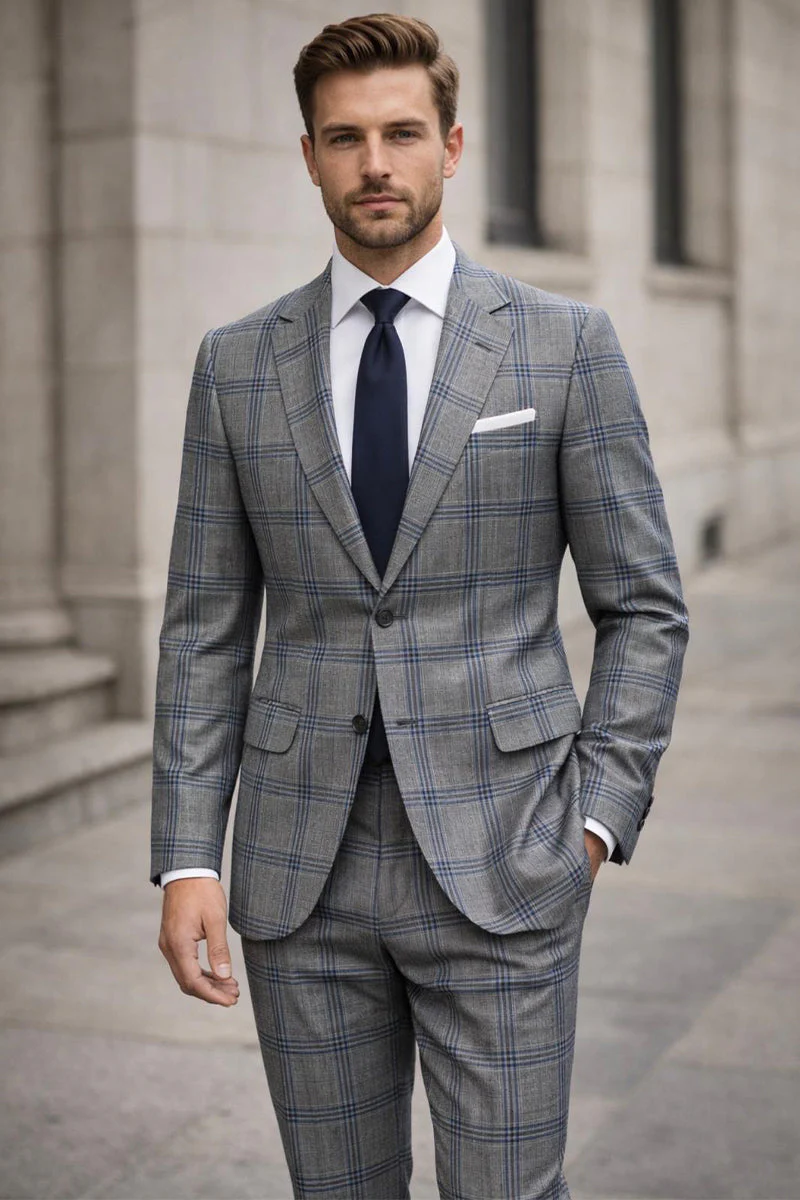 Men's Designer Two Piece Modern Fit Wool Suit in Light Grey & Blue Windowpane Plaid