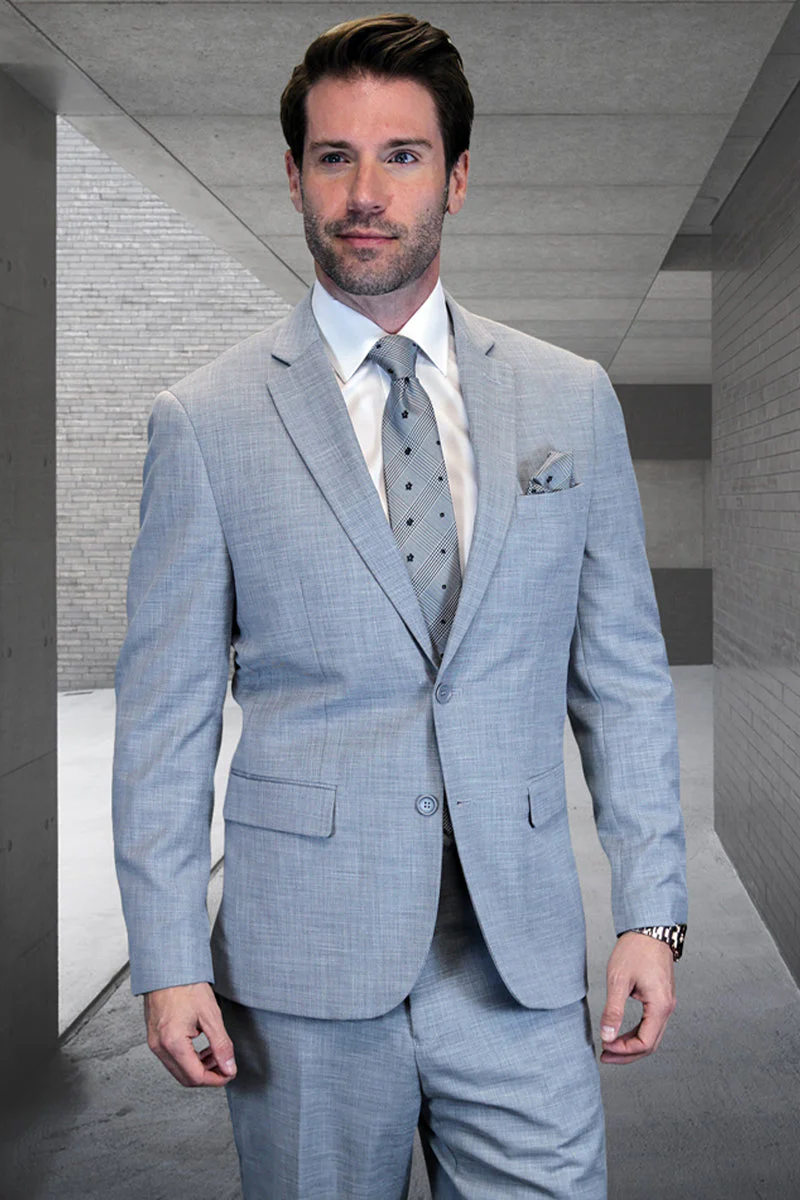 Men's Designer Two Piece Modern Fit Wool Suit in Light Grey Sharkskin