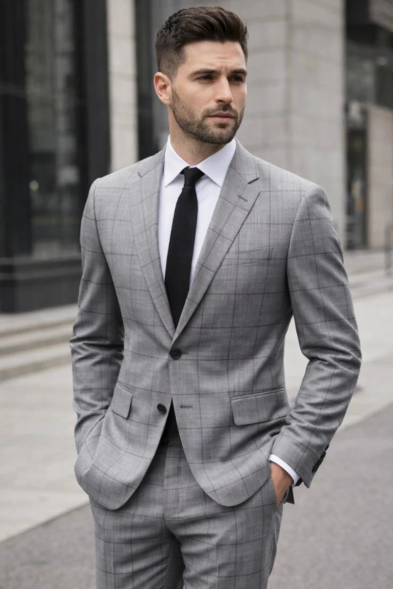 Men's Designer Two Piece Modern Fit Wool Suit in Light Grey Windowpane