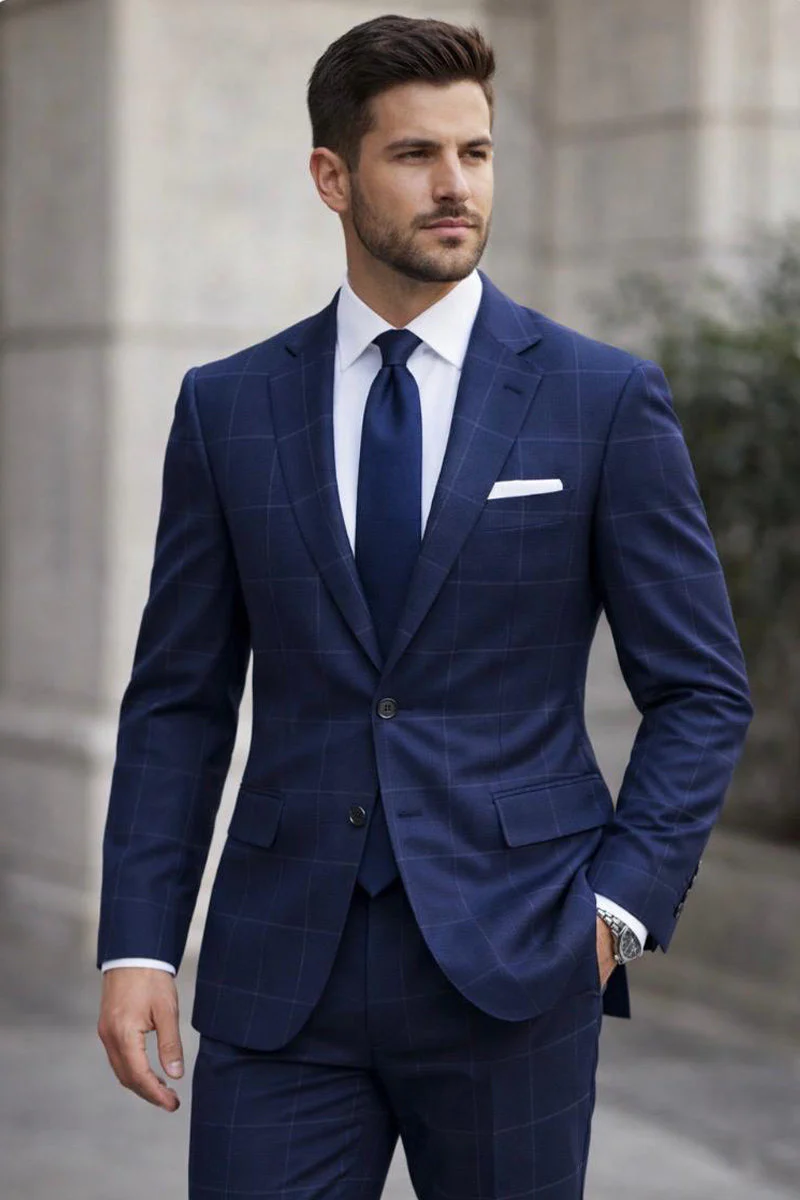 Men's Designer Two Piece Modern Fit Wool Suit in Navy Blue Windowpane