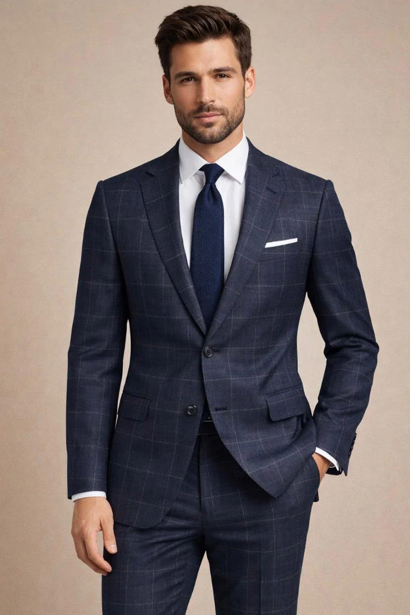 Men's Designer Two Piece Modern Fit Wool Suit in Navy Blue Windowpane Plaid
