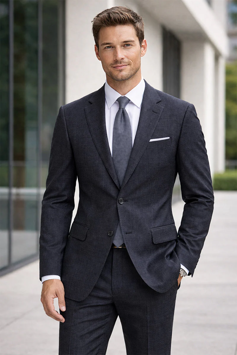 Men's Designer Two Piece Modern Fit Wool Suit in Navy Micro Plaid