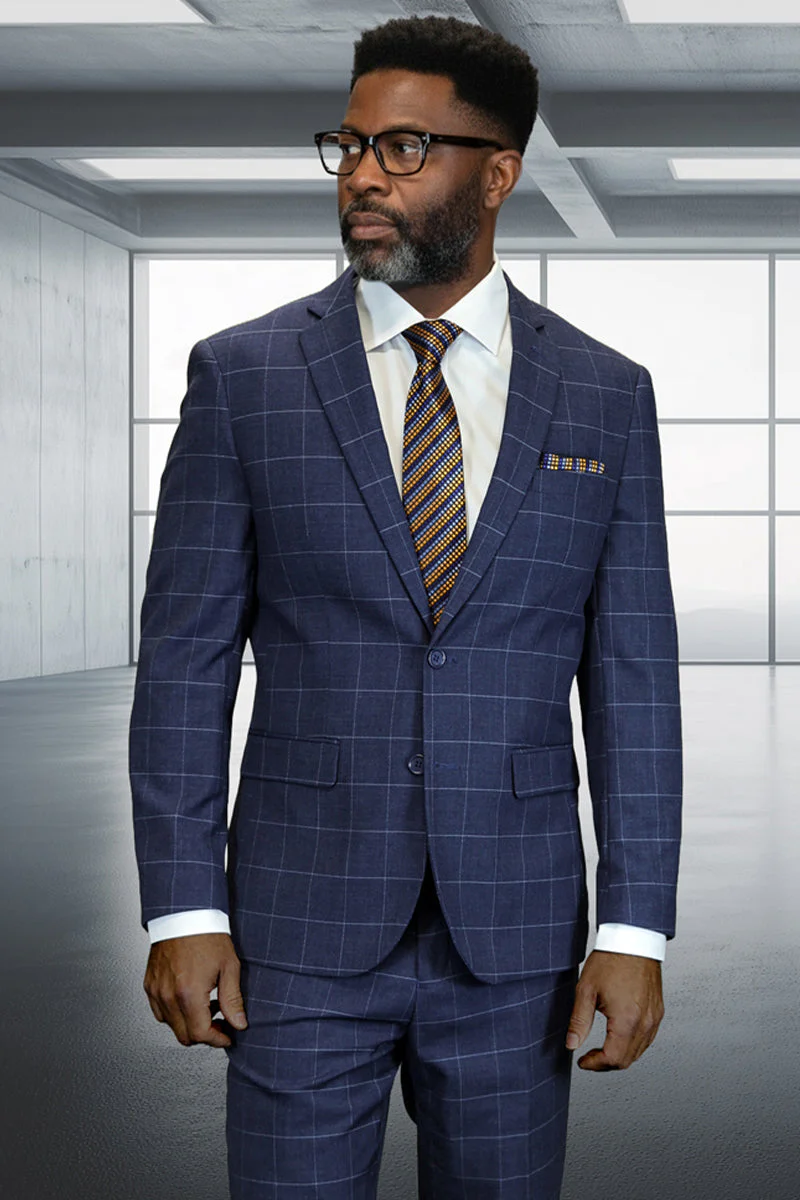 Men's Designer Two Piece Modern Fit Wool Suit in Slate Blue Windowpane Plaid