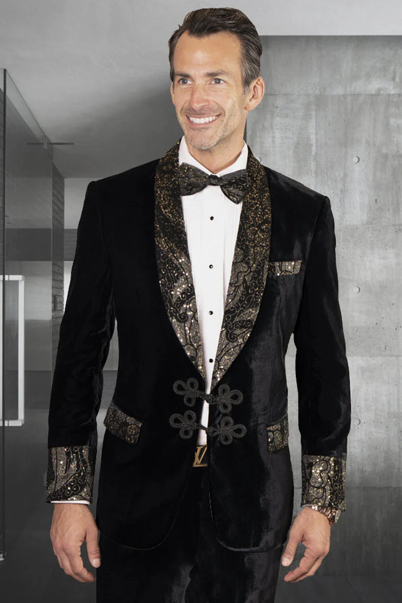 Men's Designer Velvet Tuxedo With Double Frog Closure and Paisley Embroidery in Black