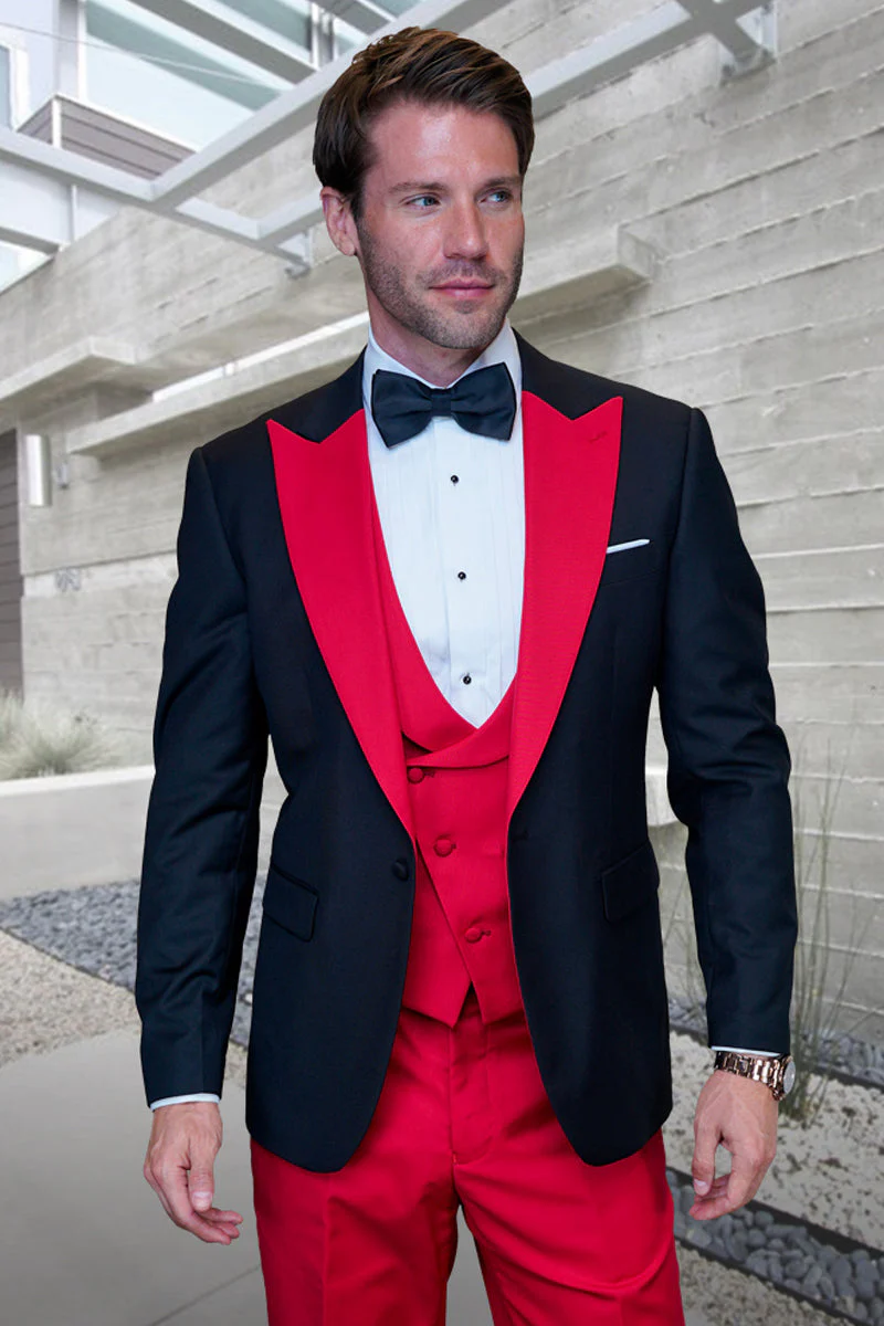 Men's Designer Vested Contrast Peak Lapel Wool Wedding & Prom Tuxedo in Black & Red