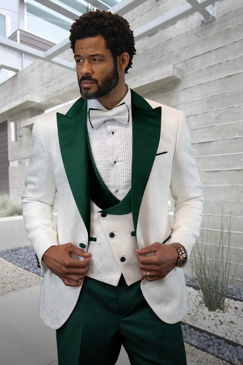 Men's Designer Vested Contrast Peak Lapel Wool Wedding & Prom Tuxedo in White Paisley & Hunter Green