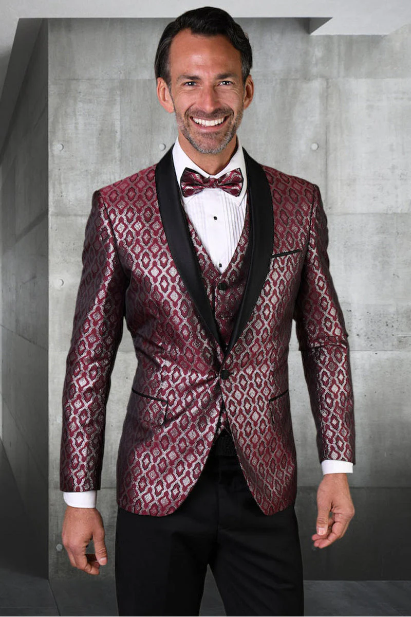 Men's Designer Vested Diamond Print Wedding & Prom Tuxedo in Burgundy