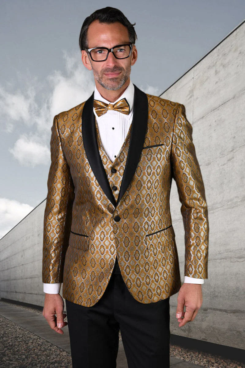 Men's Designer Vested Diamond Print Wedding & Prom Tuxedo in Gold