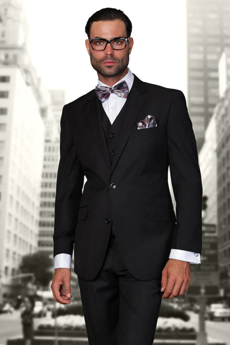Men's Designer Vested Modern Fit Wool Business & Wedding Suit in Black