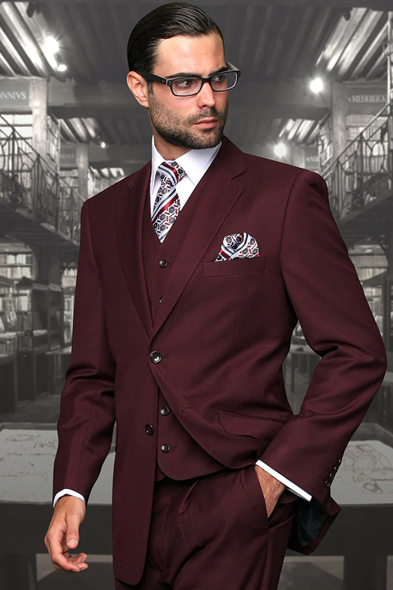 Men's Designer Vested Modern Fit Wool Business & Wedding Suit in Burgundy