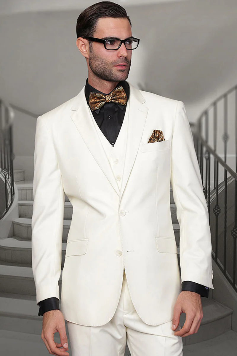 Men's Designer Vested Modern Fit Wool Business & Wedding Suit in Ivory Off White