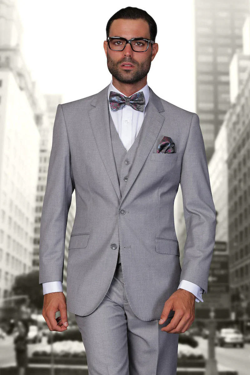 Men's Designer Vested Modern Fit Wool Business & Wedding Suit in Light Grey