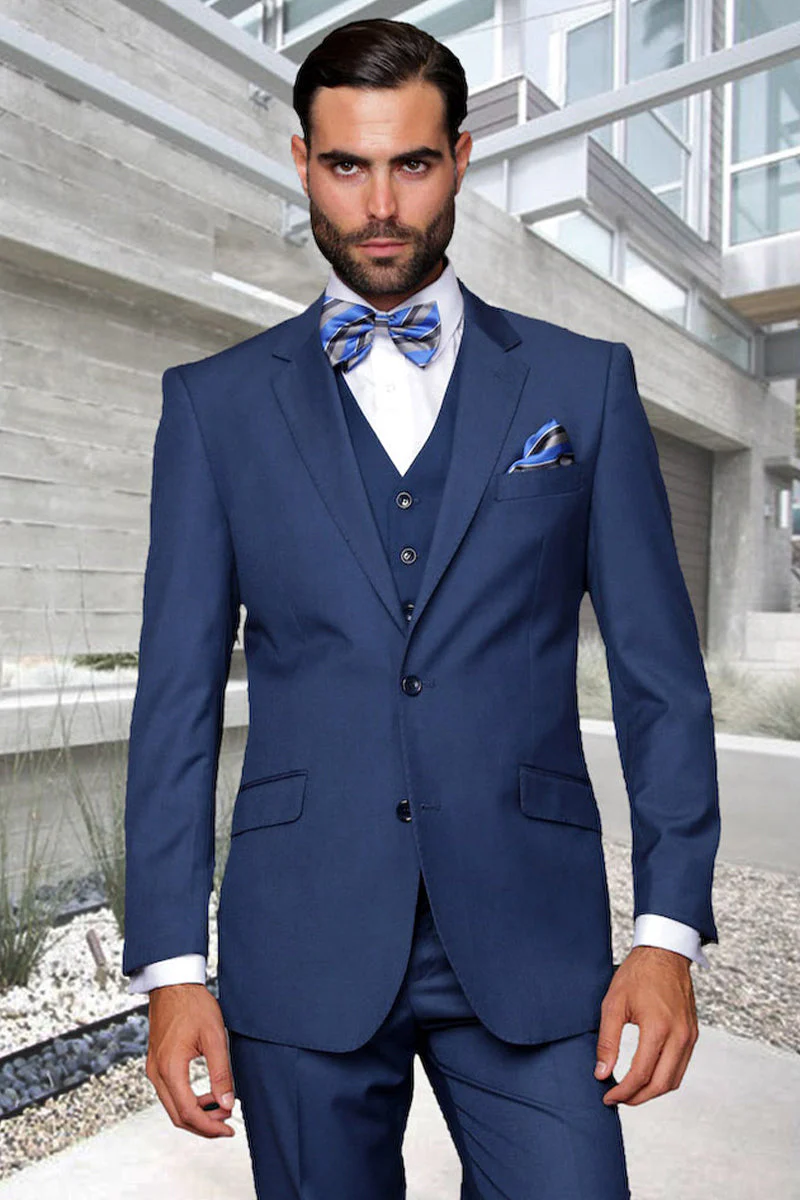 Men's Designer Vested Modern Fit Wool Wedding & Business  Suit in Indigo Blue