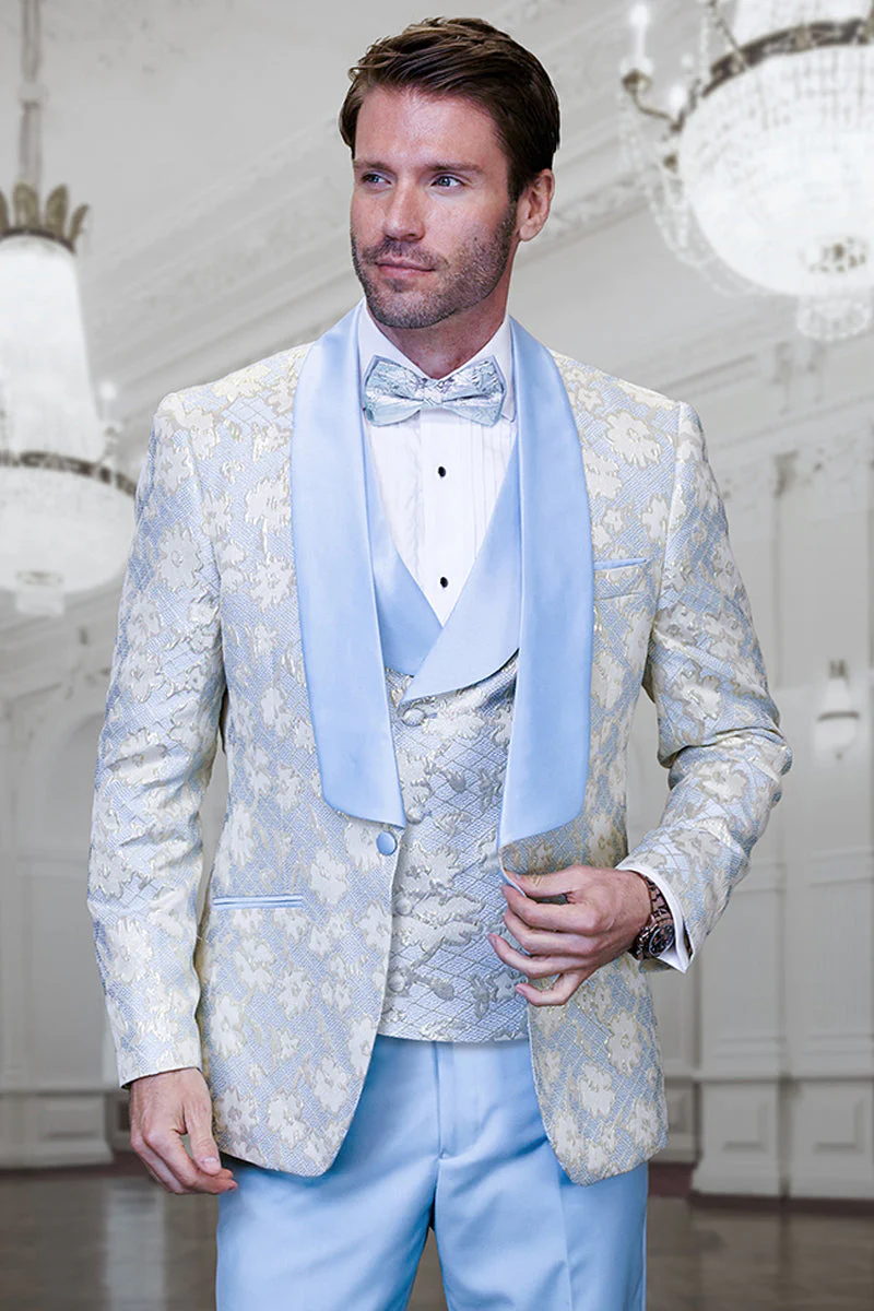 Men's Designer Vested Wedding & Prom Tuxedo in Sky Blue & Gold Floral Paisley