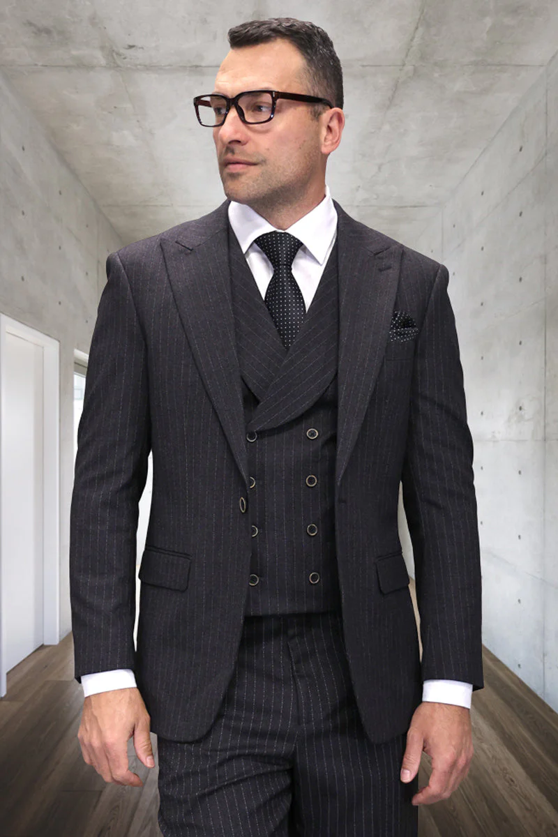Men's Designer Vested Wool One Button Peak Lapel Suit in Black Pinstripe