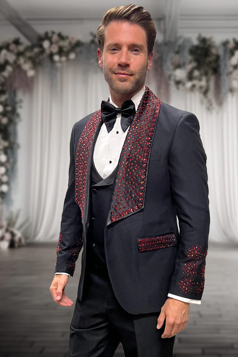 Men's Designer Vested Wool Studded Shawl Lapel Prom & Wedding Tuxedo in Black