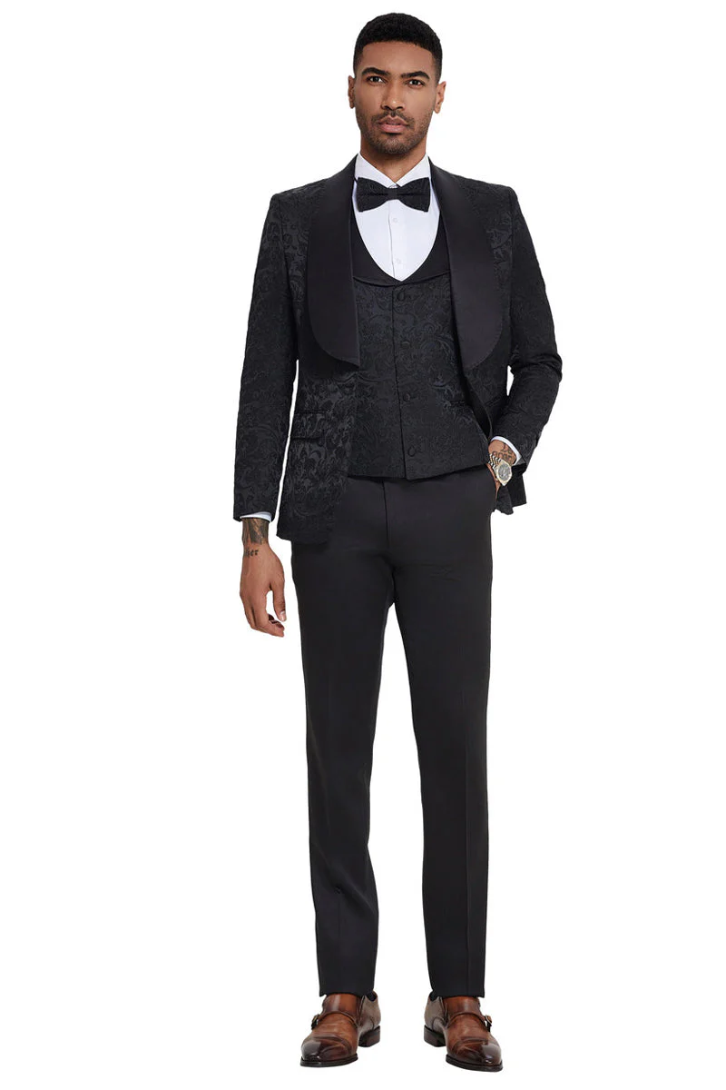 Men's Designer Wedding & Prom Shawl Lapel Vested Paisley Tuxedo in Black - Image 2