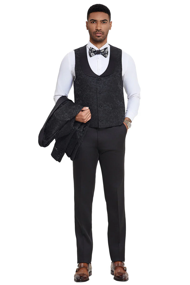 Men's Designer Wedding & Prom Shawl Lapel Vested Paisley Tuxedo in Black - Image 3