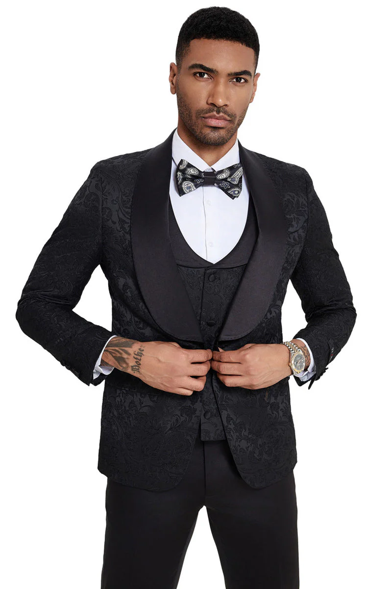 Men's Designer Wedding & Prom Shawl Lapel Vested Paisley Tuxedo in Black - Image 4