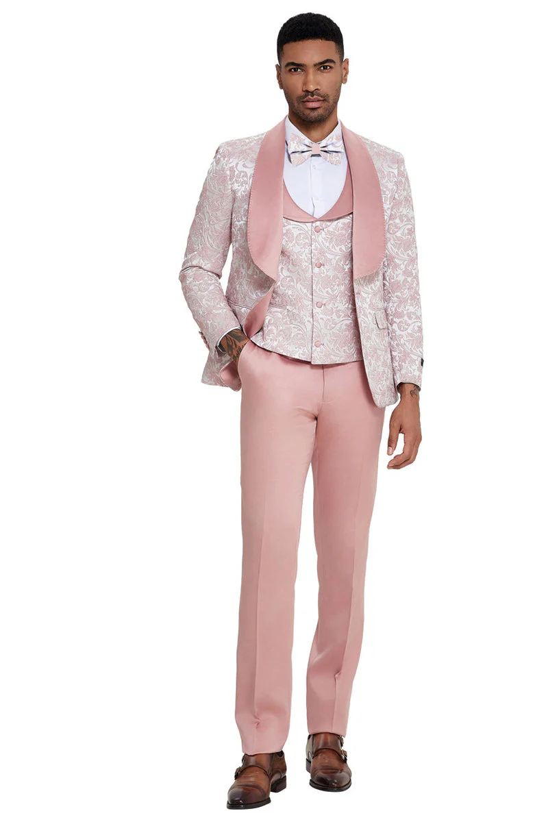 Men's Designer Wedding & Prom Shawl Lapel Vested Paisley Tuxedo in Pink - Image 2