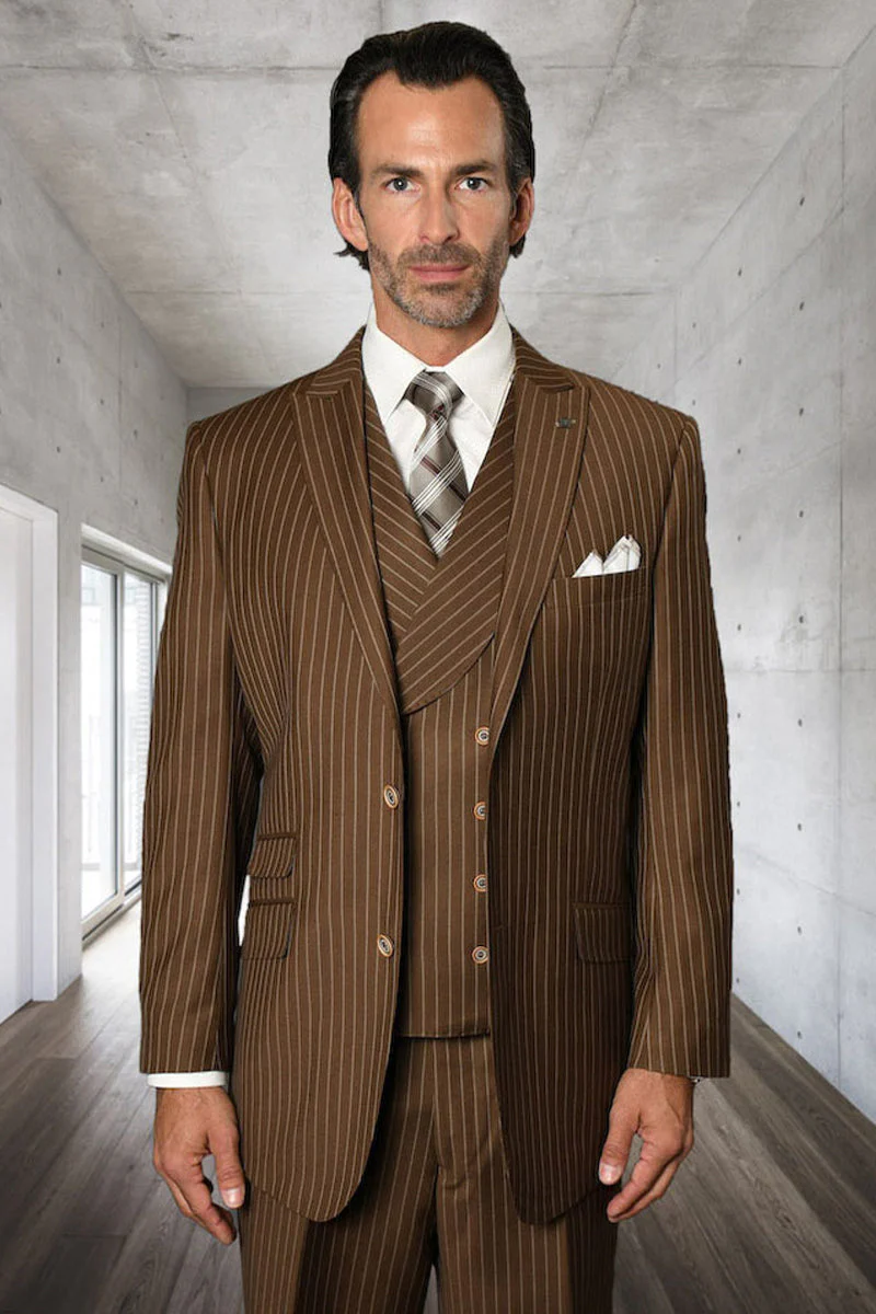 Men's Designer Wool Pleated Pant Vested Suit in Bold Bronze Gangster Pinstripe