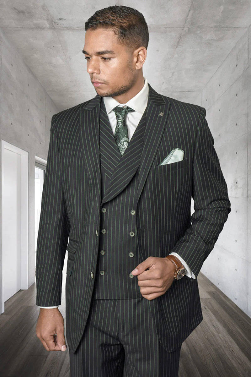 Men's Designer Wool Pleated Pant Vested Suit in Bold Hunter Green Gangster Pinstripe