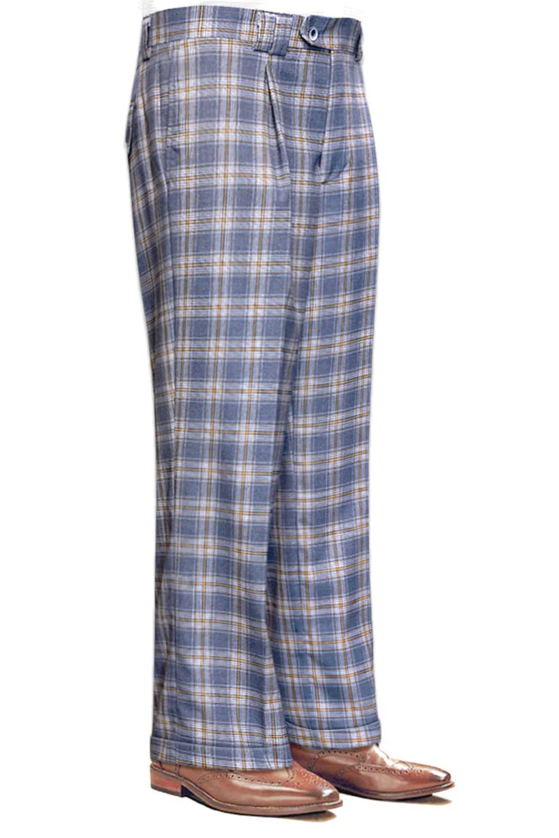Men's Designer Wool Pleated Wide Leg Dress Pants in Grey & Blue Plaid