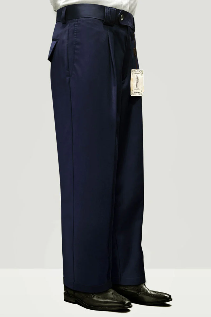 Men's Designer Wool Pleated Wide Leg Dress Pants in Navy Blue