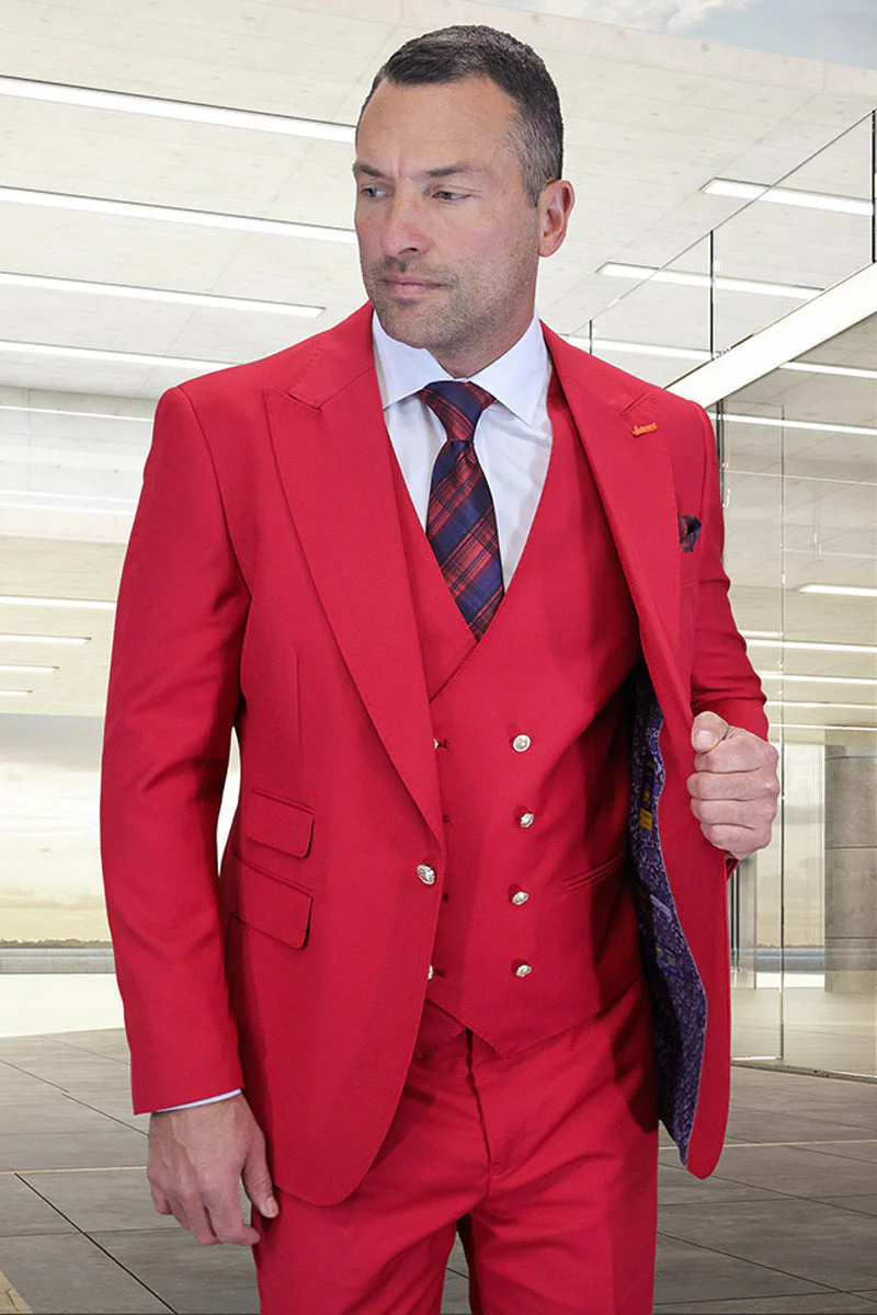 Men's Designer Wool Vested One Button Peak Lapel Suit in Berry Red with Gold Buttons