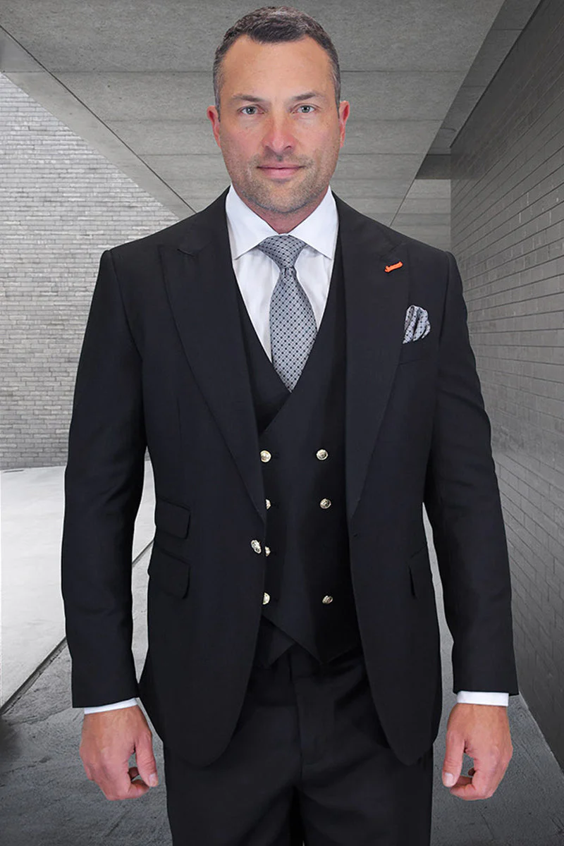 Men's Designer Wool Vested One Button Peak Lapel Suit in Black with Gold Buttons