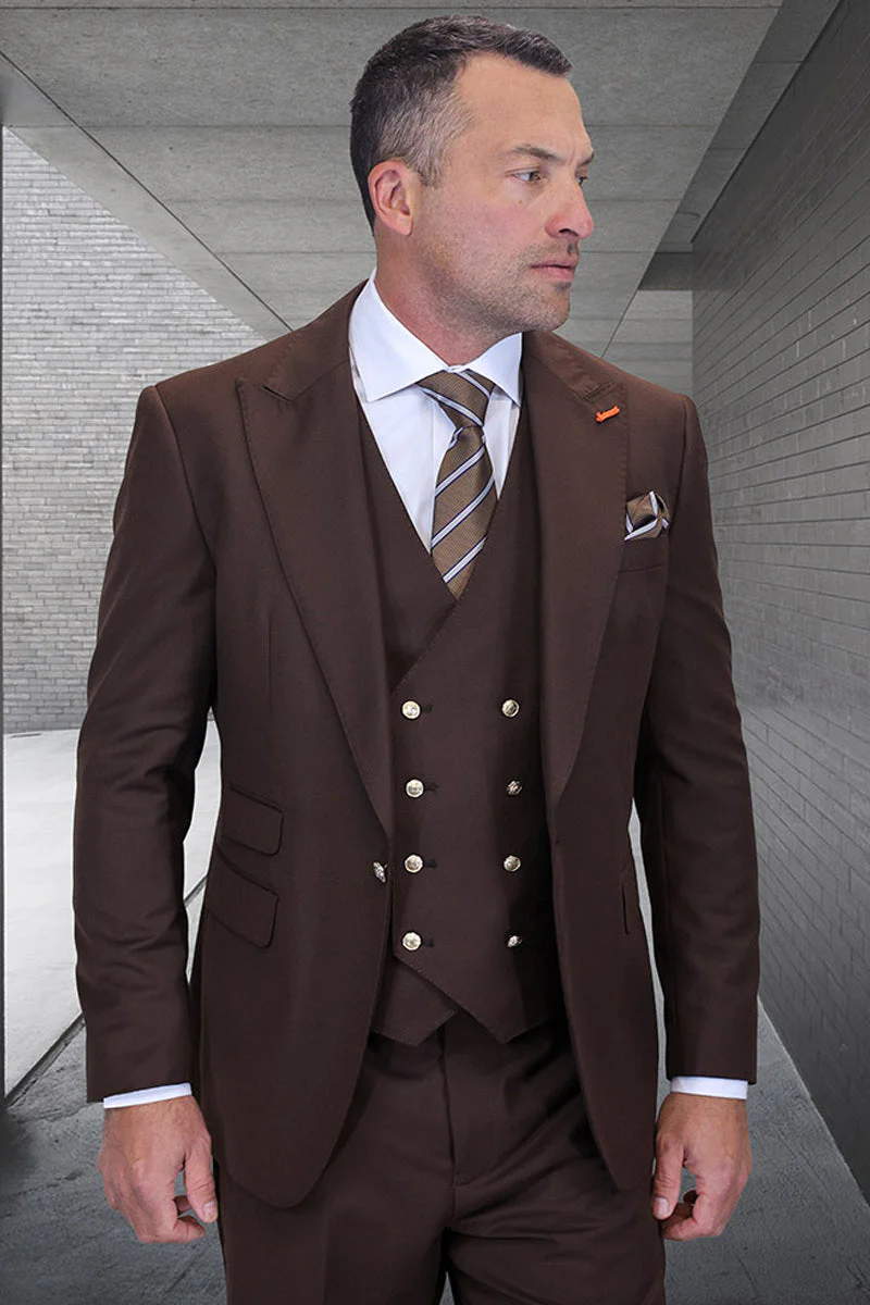 Men's Designer Wool Vested One Button Peak Lapel Suit in Brown with Gold Buttons