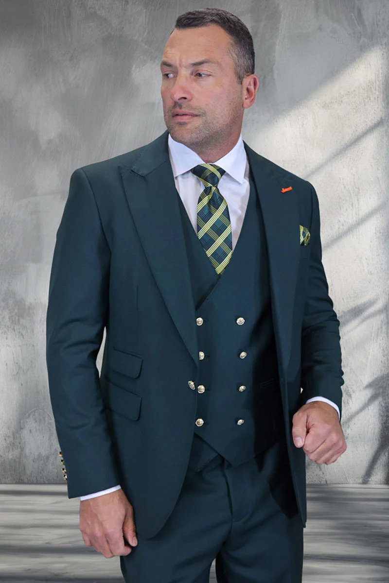 Men's Designer Wool Vested One Button Peak Lapel Suit in Hunter Green with Gold Buttons