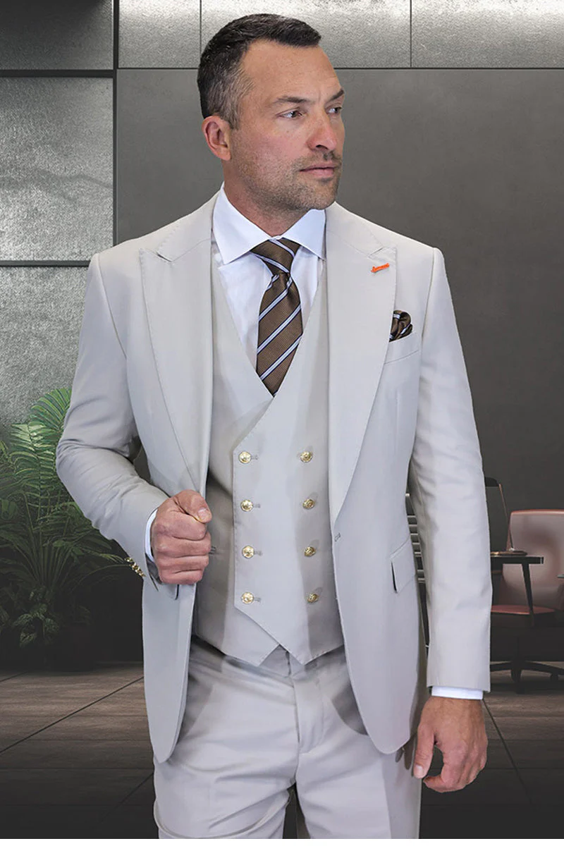 Men's Designer Wool Vested One Button Peak Lapel Suit in Light Grey Ash with Gold Buttons