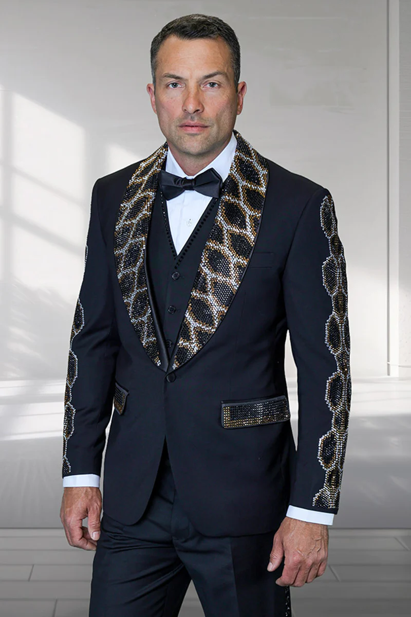 Men's Designer Wool Vested Shawl Tuxedo in Black with Sequin Python Print