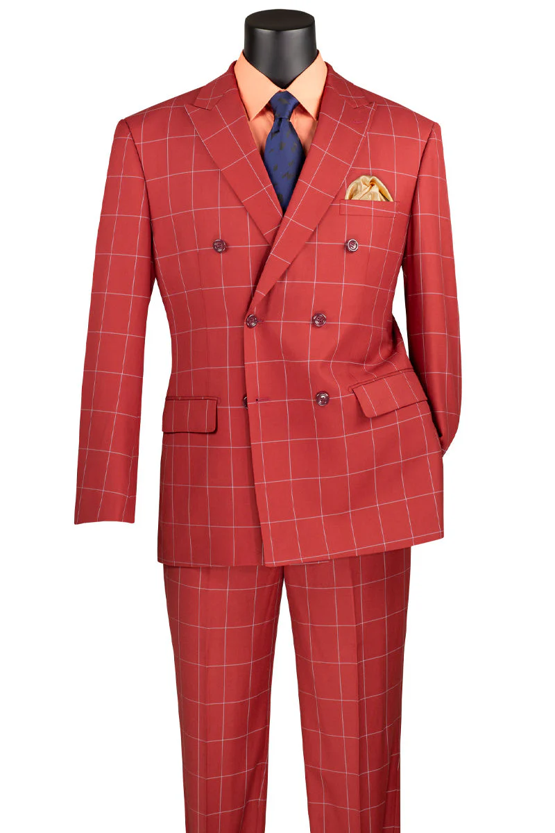 Men's Double Breasted Bold Windowpane Plaid Suit in Orange - Image 2