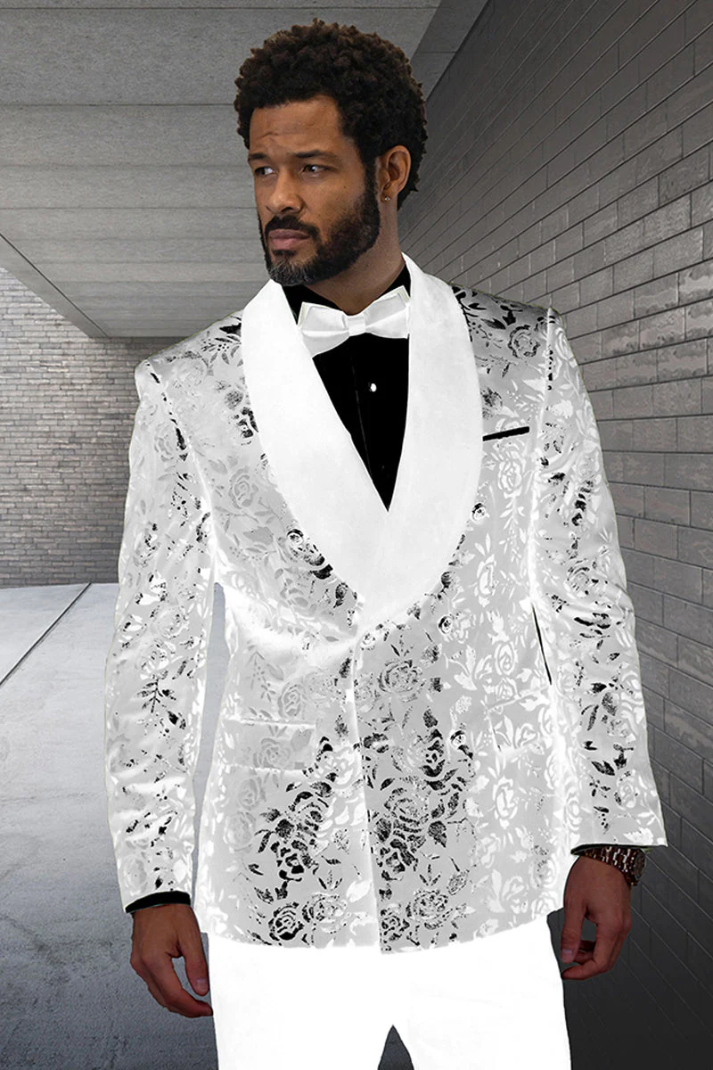 Men's Double Breasted Foil Paisley Dinner Jacket Prom & Wedding Tuxedo in Ivory