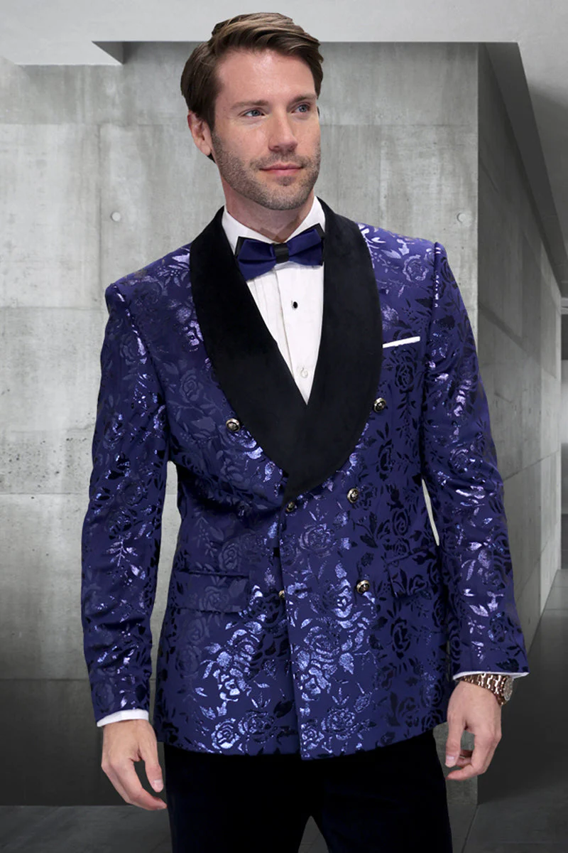 Men's Double Breasted Foil Paisley Dinner Jacket Prom & Wedding Tuxedo in Sapphire Blue