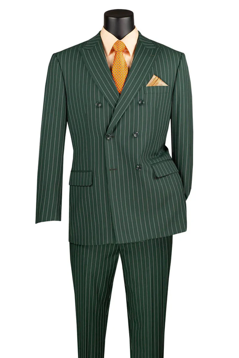 Men's Double Breasted Gangster Bold Pinstripe Suit in Hunter Green - Image 2