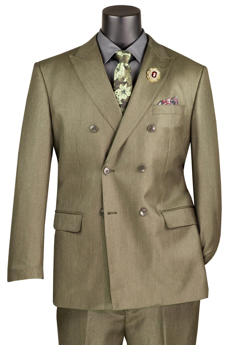 Men's Double Breasted Sharkskin Suit in Dusty Olive Green