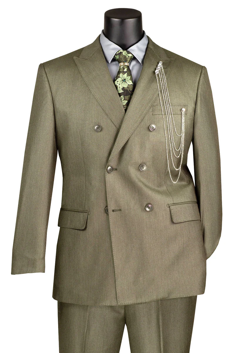 Men's Double Breasted Sharkskin Suit in Dusty Olive Green - Image 3