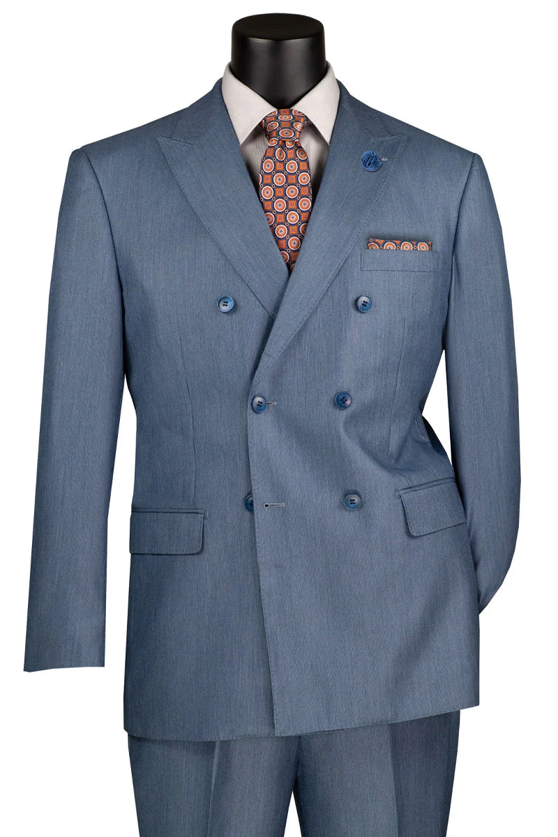 Men's Double Breasted Sharkskin Suit in Smoke Blue