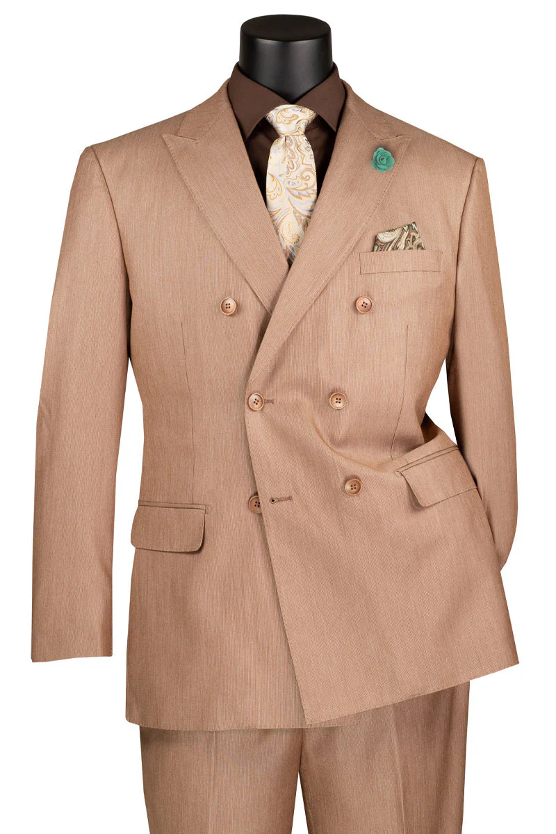 Men's Double Breasted Sharkskin Suit in Tan